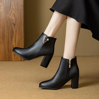 Women's High-heeled Short Boots Autumn and Winter Classic Solid-color Thick-heeled Versatile Large-size Short Boots