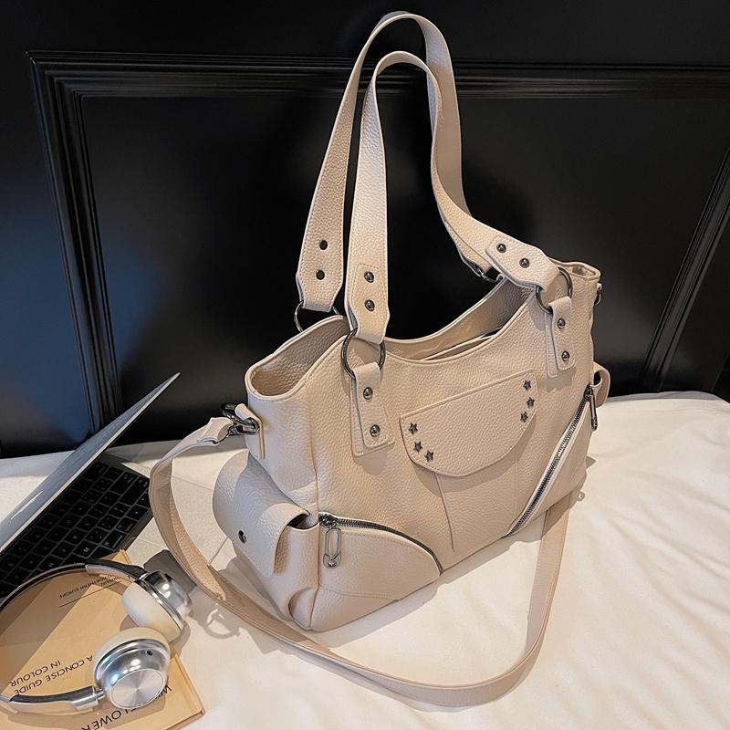 PU Shoulder Bag Women's Fashion Tote with Star Stud Detail and Dual Side Zip Pockets