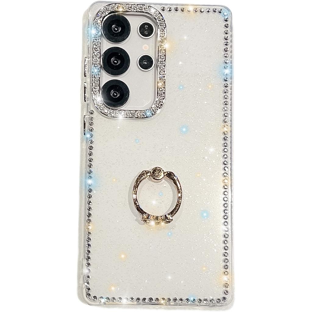 For Samsung Galaxy S24 Ultra Case with Ring Kickstand Rhinestone Edge TPU+PC IMD Phone Cover