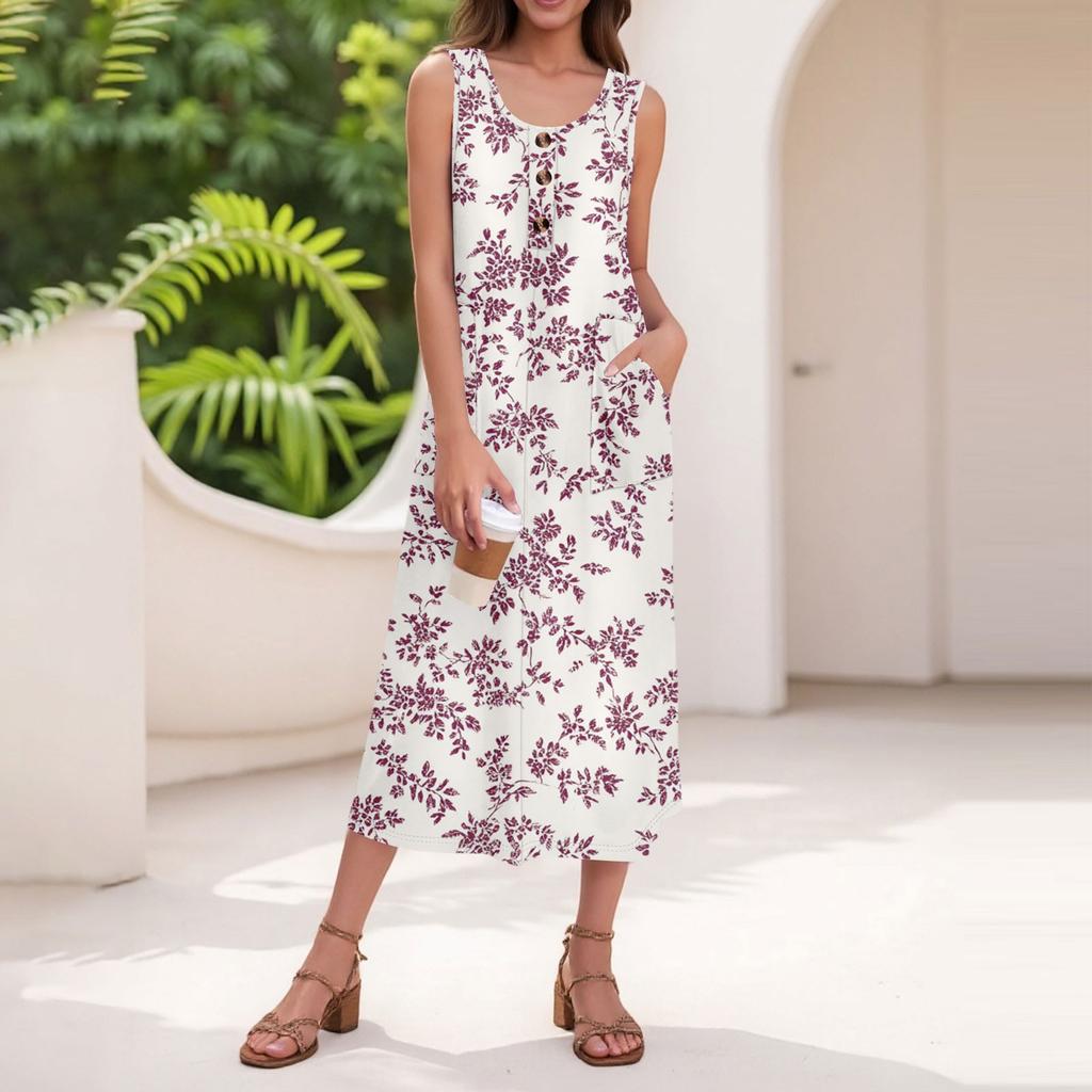 Women's Summer Casual Fashion Floral Print Sleeveless Button Casual Long Dress