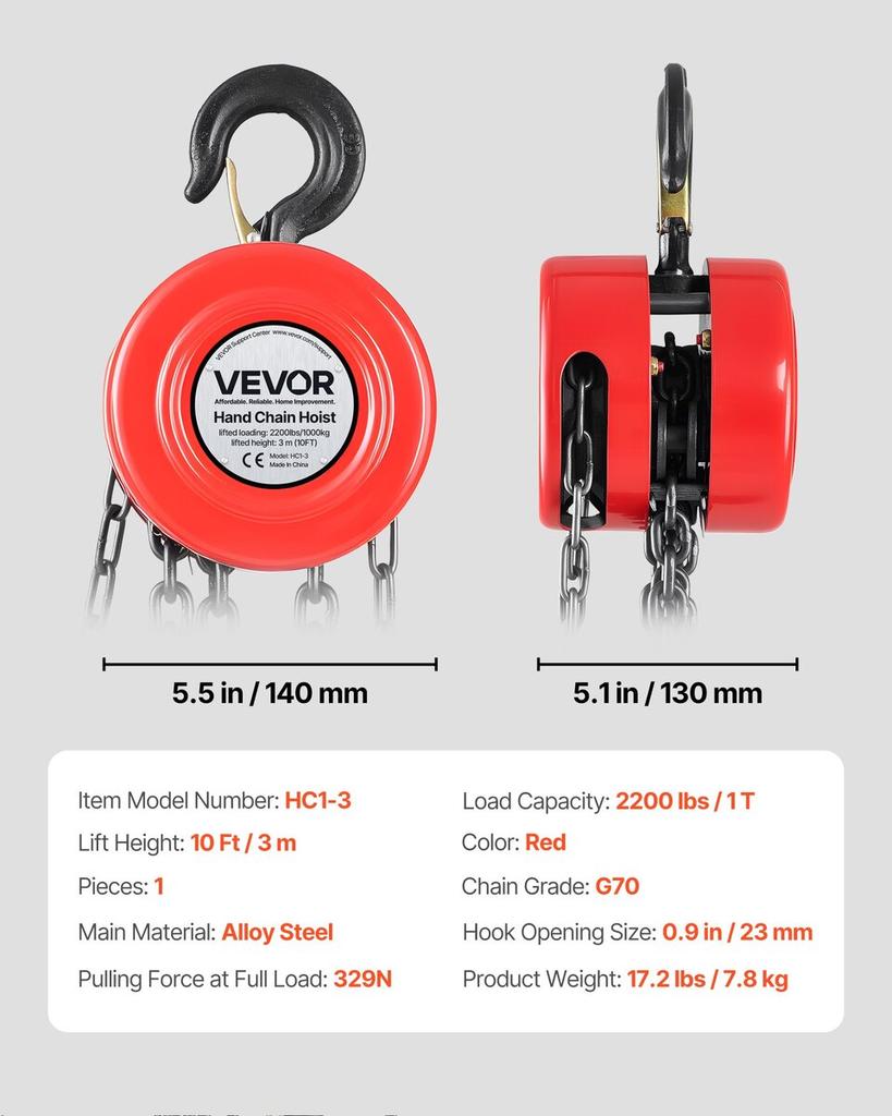 Hand Chain Hoist, 1 Ton Capacity, Manual Chain Block with Upgrade G70 Galvanized Chain, 3 M Lifting Height, Heavy Duty Pulley Hoist for Garage