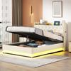 Adult Bed LED Upholstered 140x200cm with USB Charging Connection Double And Hydraulic Storage Skin-Friendly Linen Fabric Gray Children