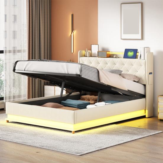 Adult Bed LED Upholstered 140x200cm with USB Charging Connection Double And Hydraulic Storage Skin-Friendly Linen Fabric Gray Children