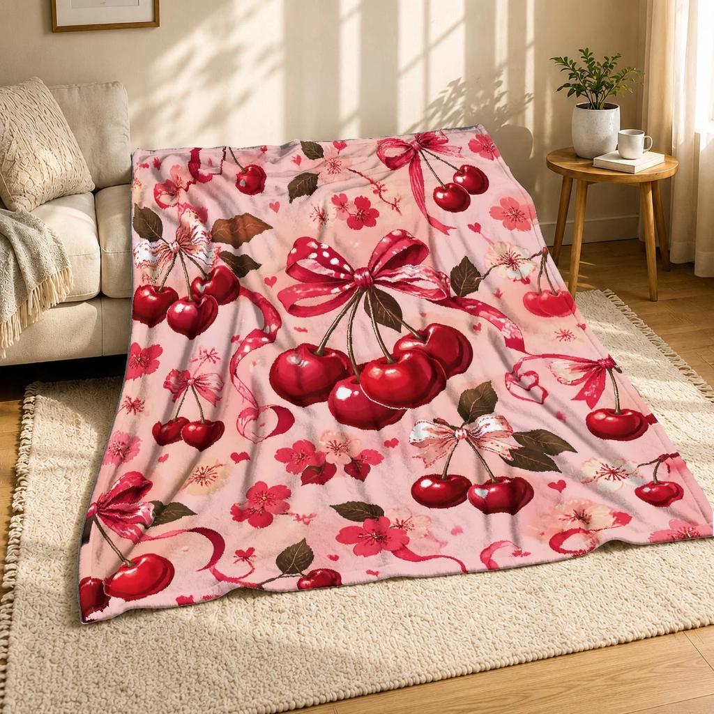 Cherry Bow Floral Coral Fleece Blanket