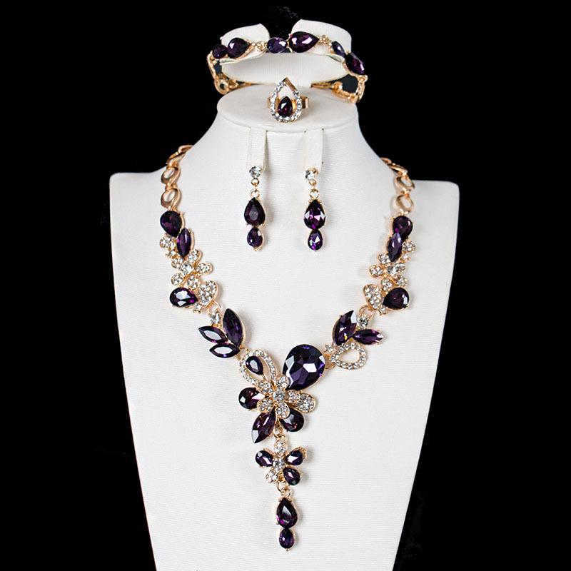 

Sparkling Crystal Gem Necklace Clavicle Set Four-piece Jewelry Exaggerated Bridal Dress Women s Accessories фіолетовий