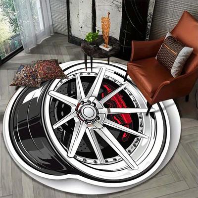 3D Tire Print Round Rug Chair Mat, Non-Slip Polyester Office Floor Protector, Stylish Round Carpet, Polyester Home Decor