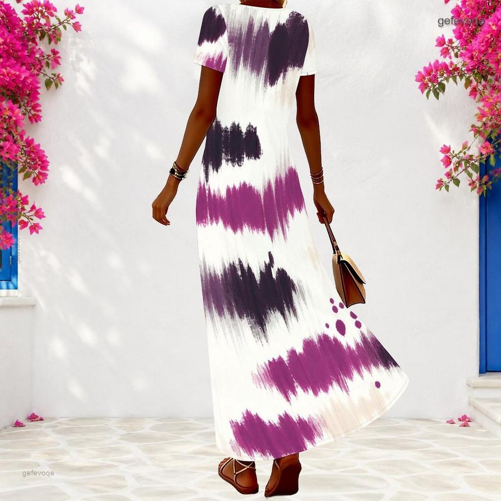 Women Plus Size V Neck Short Sleeve Printed Casual Maxi Dress