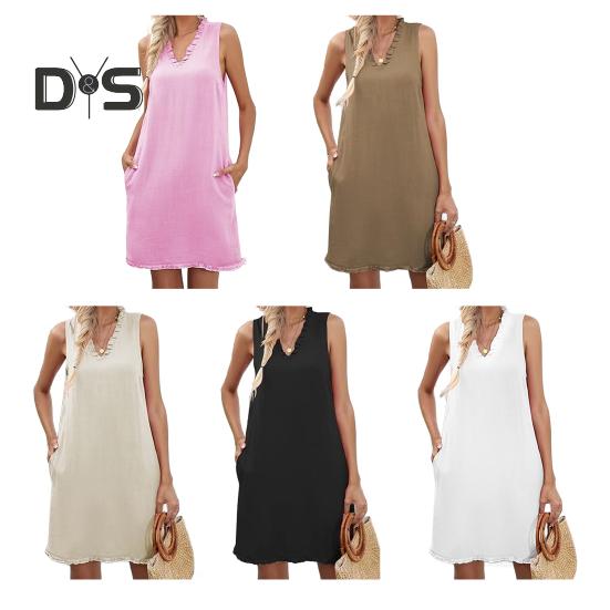Women Summer Dress with Pockets Shirring V Neck Sleeveless Solid Color A-line Ripped Hem Midi Dress Daily Beach Dress