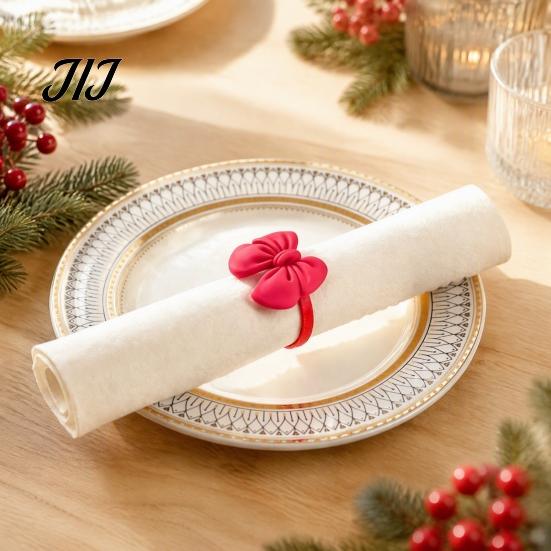 Christmas Eve Party Table Decor Mini Napkin Ring, Small Red Bow Wooden Holder with Reusable Supplies Berries Pine Cones for New Year Dinner