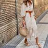 In Stock: 2025 Autumn/Winter V-neck Belted Print Long Dress