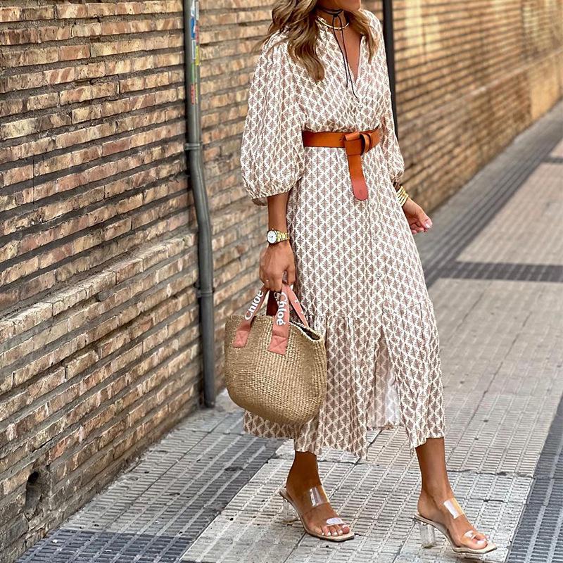 In Stock: 2025 Autumn/Winter V-neck Belted Print Long Dress