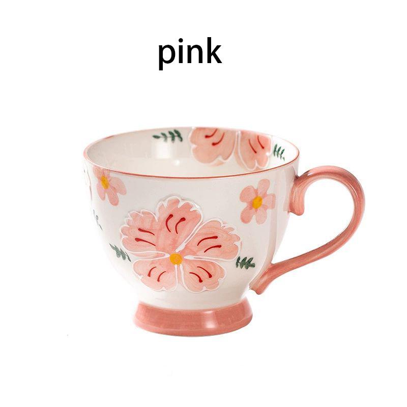 1pcs Flower Ceramic Mug Heat-resistant Breakfast Milk Oat Cup Hand Drawn Large Capacity Juice Handle Cup Microwave Safe 450ml