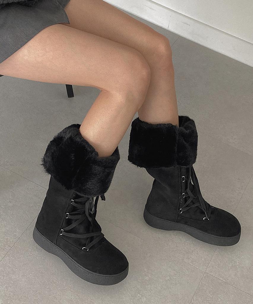 Moodnple Rorobi Warm Suede Long Lace Fur Boots 4Cm 2 Colors