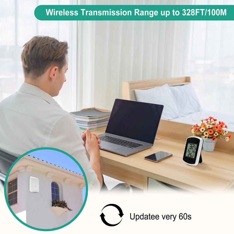 Wireless Digital Thermometer -40℃~60℃ Wide Range 60s Auto Update Wall Mount/Stand Easy Read LCD Screen for Home Office Garden