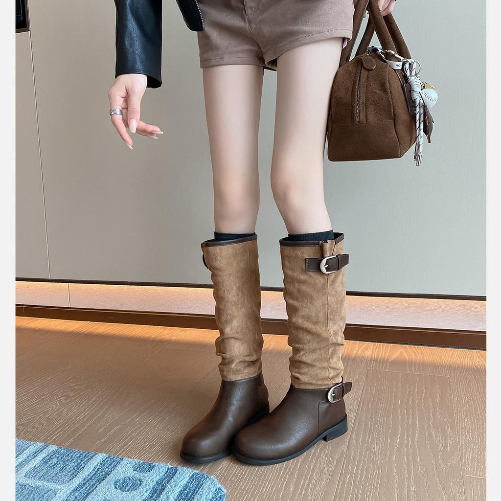 Ma Sichun of the Same Style~ Height Increase 4/7cm Fashionable Buckle with Round Head Splicing Thick Heel Knight Boots Women's Stacked Short Boots