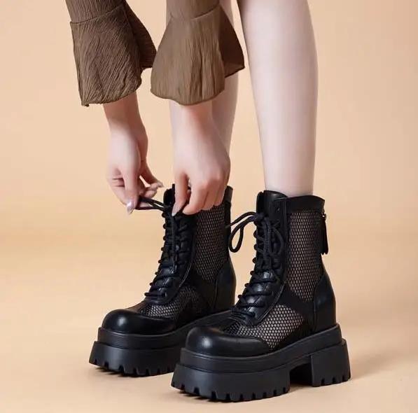 Fashion High Quality10CM Genuine Leather Hollow Mary Jane Women Slippers Ankle Booties Pumps Shoes Flat Sandals Summer Platform Wedge