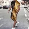 Men Black Gold Swirl Texture Split Print Short Sleeve Tee And Matching Shorts Two Piece Suit