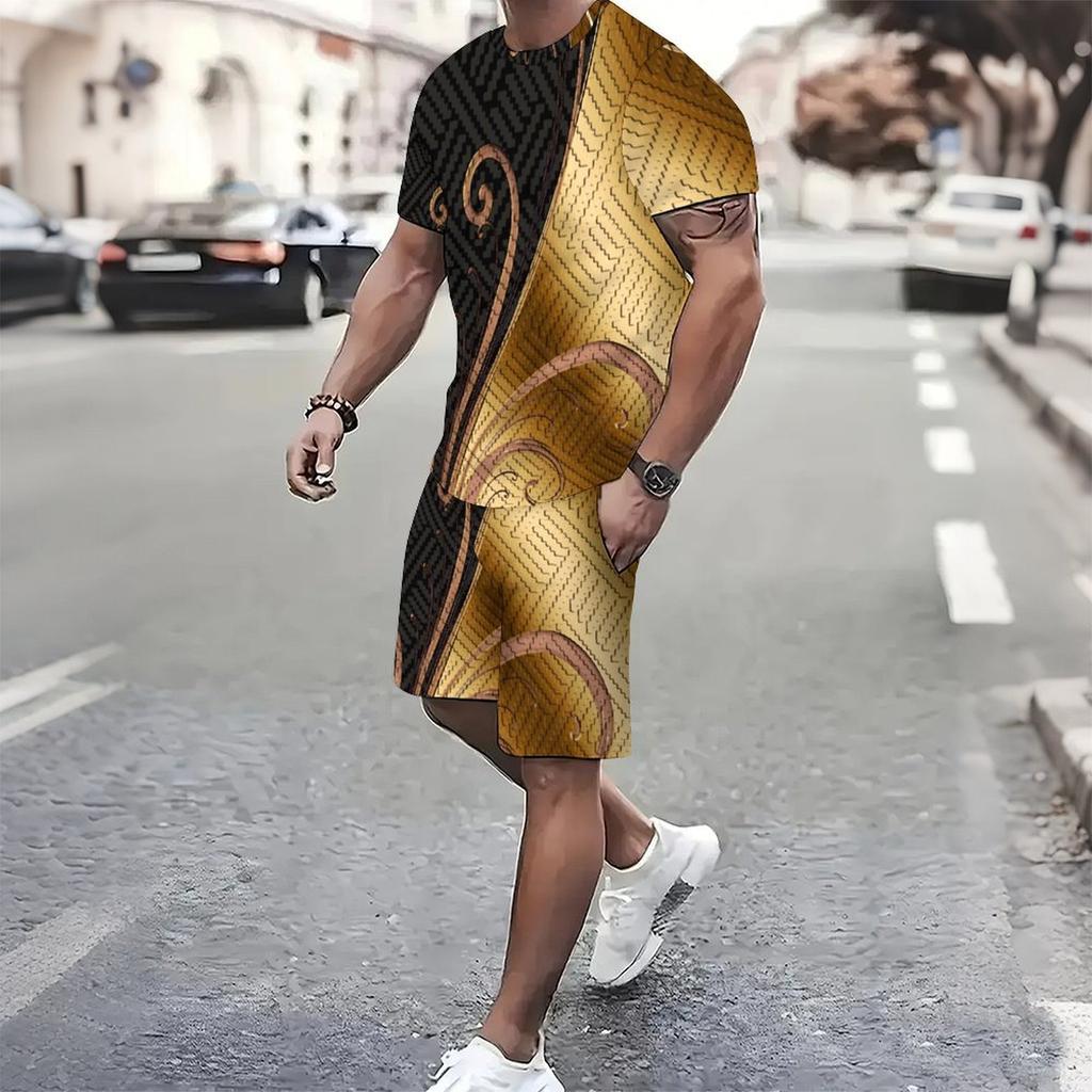 Men Black Gold Swirl Texture Split Print Short Sleeve Tee And Matching Shorts Two Piece Suit
