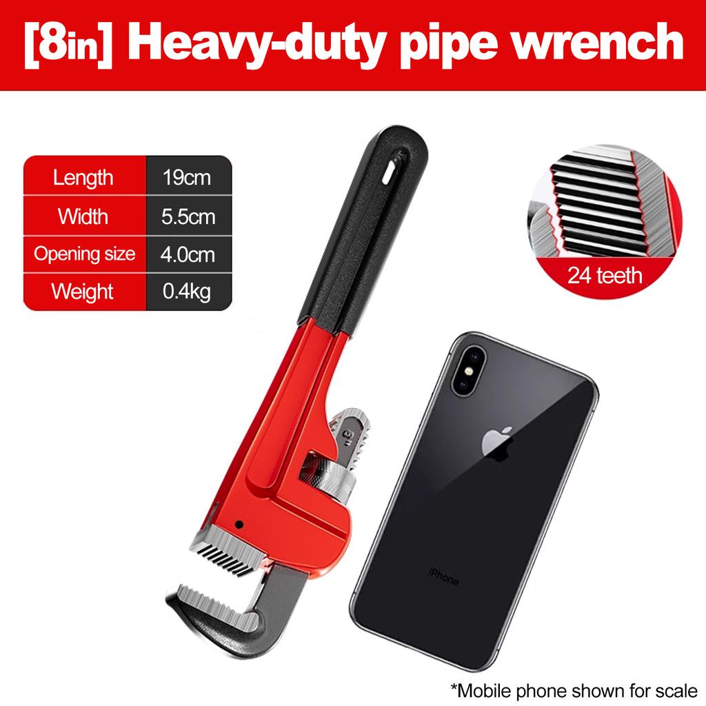 8in/10in/12in Heavy Duty Straight Pipe Wrench Adjustable Aluminum Plumber Wrench with Floating Hook Jaw I Beam Handle Red