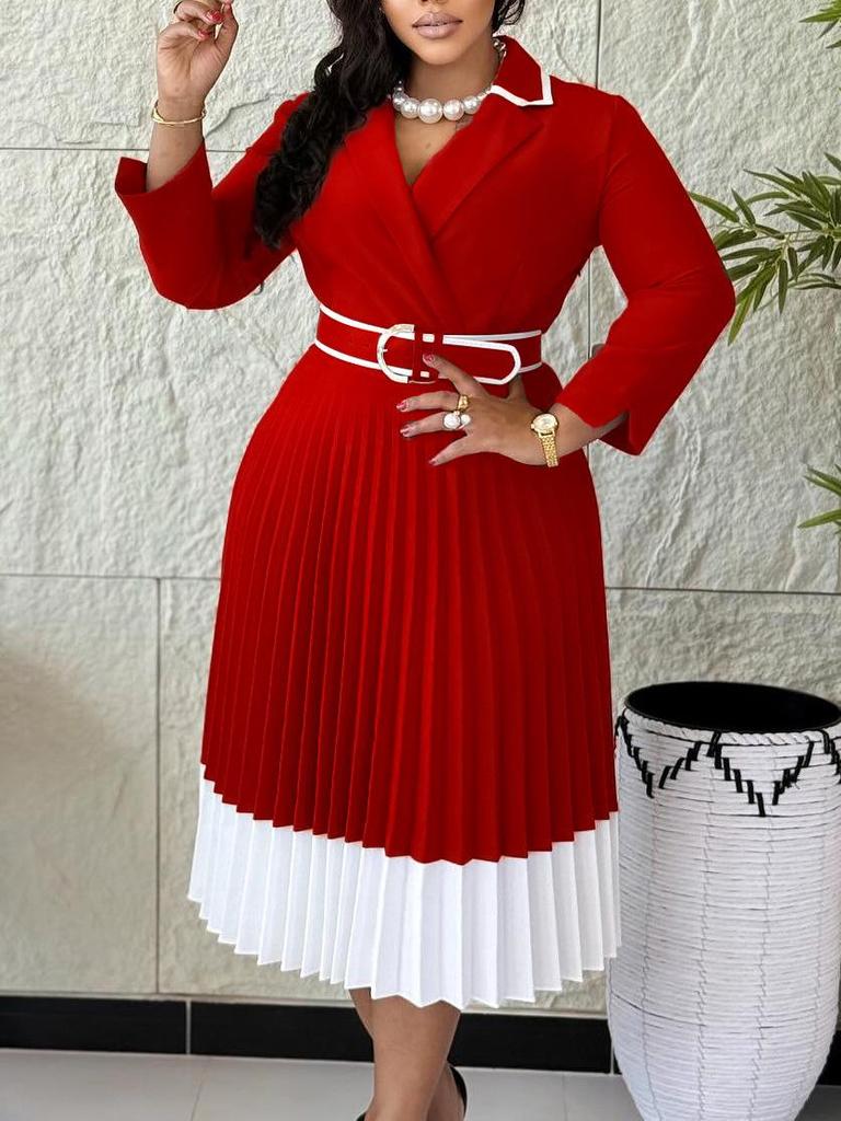 D3352 Autumn/Winter European and American Women's Solid Color Long Sleeve Pleated A-line Dress