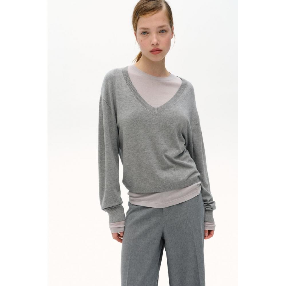 

H M fine knit v neck sweater light grey melange