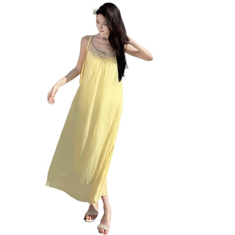 Women's Luxurious Summer Sling Dress with Rhinestone Beading - Exquisite Long Vacation Dress