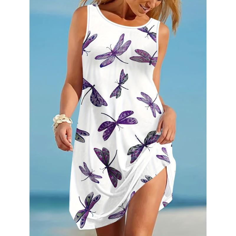 Womens 3D Pineapple Print Sleeveless Round Neck Midi Dress Casual Comfortable Style
