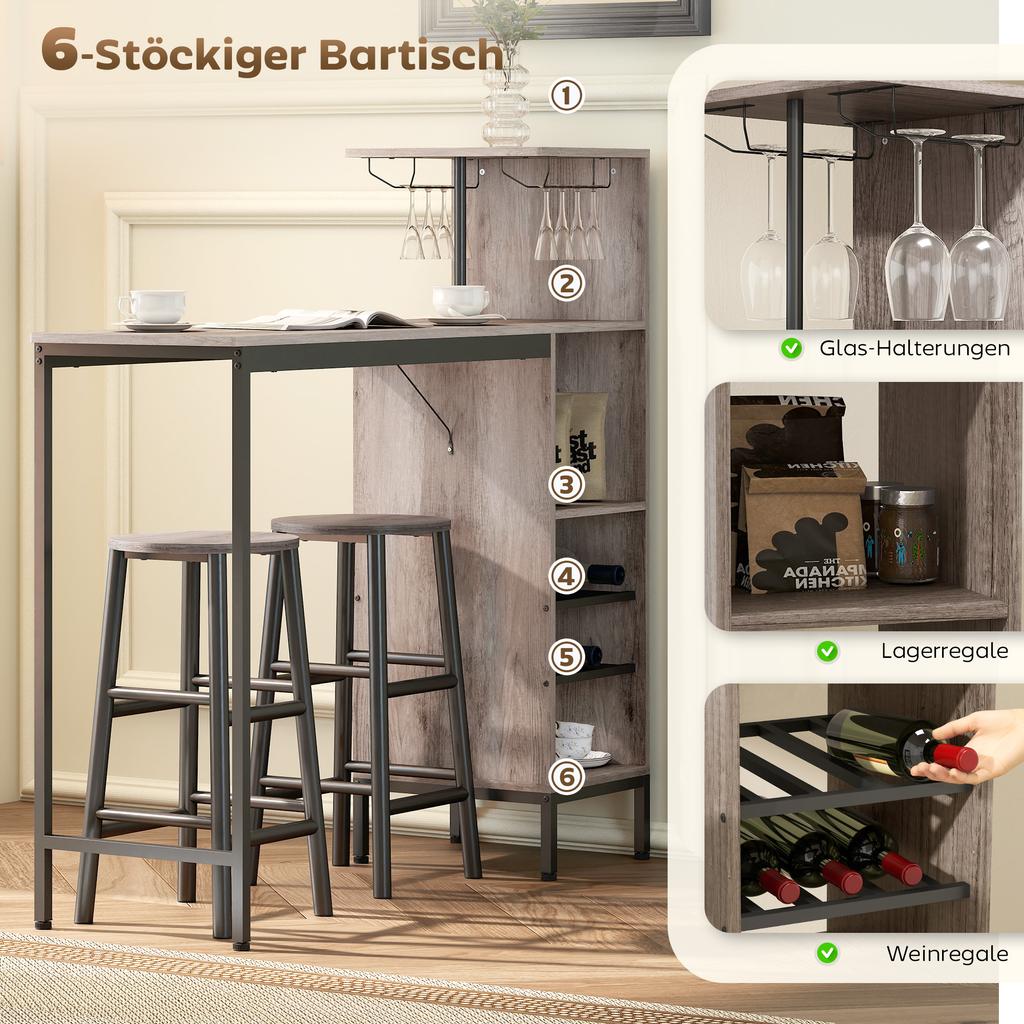 Set Tavolo Alto da Bar a 3 Pezzi con Contenitore, Portabottiglie, Portabicchieri, Sgabelli con Poggiapiedi, per Spazi Piccoli, Grigio