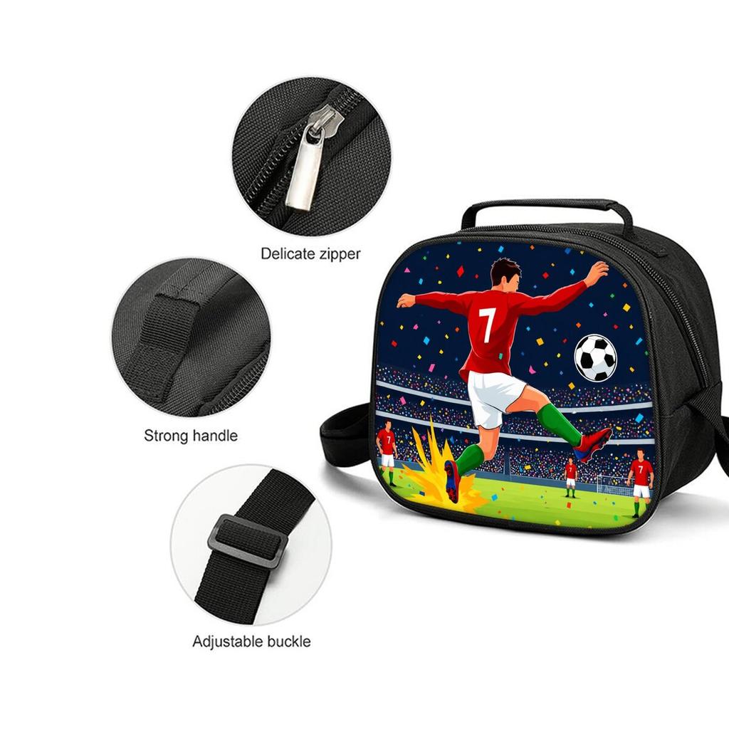 Football Shoulder Strap Circular Lunch Bag for Boy and Girls Best Gifts 2D Flat Cartoon School Bento Lunch Box Bag for Children