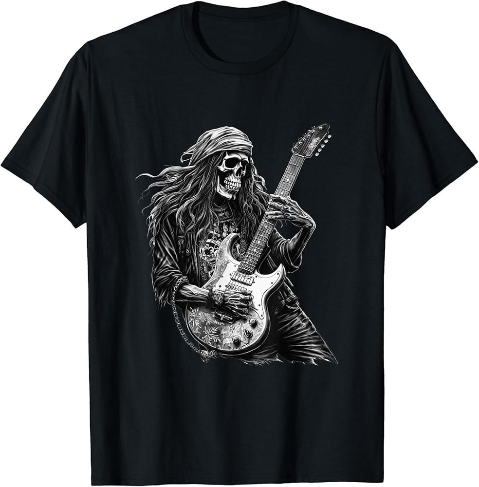 D7 Skeleton Playing Electric Guitar Rock n Roll Guy Band Music T-Shirt S