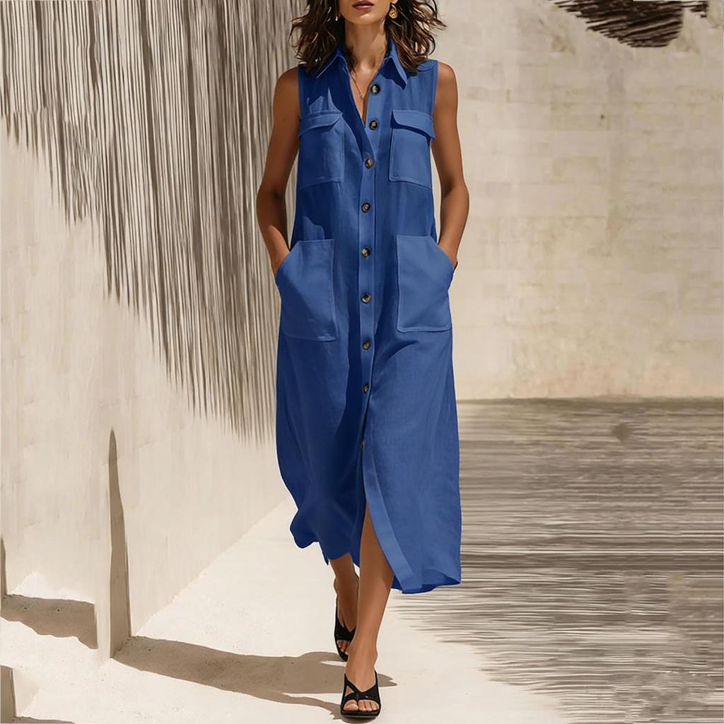 Ärmelloses Maxikleid mit Knopfleiste, Kragen und Taschen, lockere Passform, lässiges langes Kleid für Damen, Sommermode