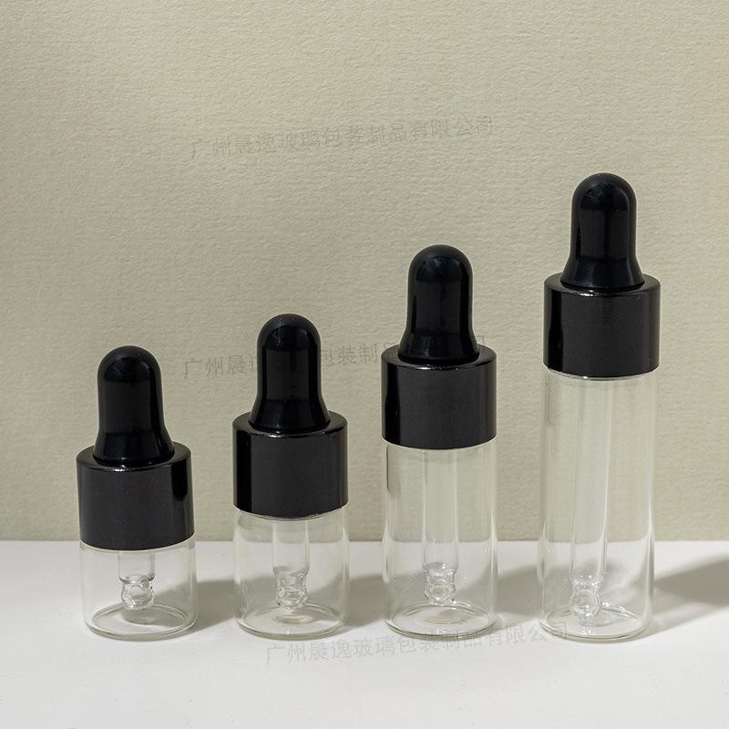 

Прозорі пляшечки з піпеткою - об єми 1 мл, 2 мл, 3 мл, 5 мл, порожні для сироватки, зручна упаковка для подорожей 1ml; Glass with gold ring + black rubber head