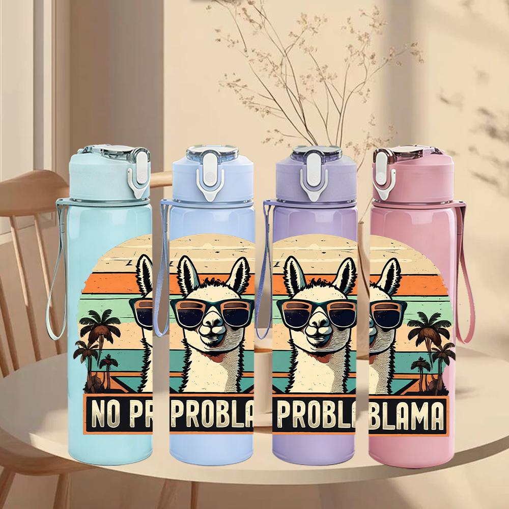 1PC No Prob Llama Vintage Layout 750ml Color Plastic Water Bottle Leakproof Flip Straw Lid For Sports Office Home Use