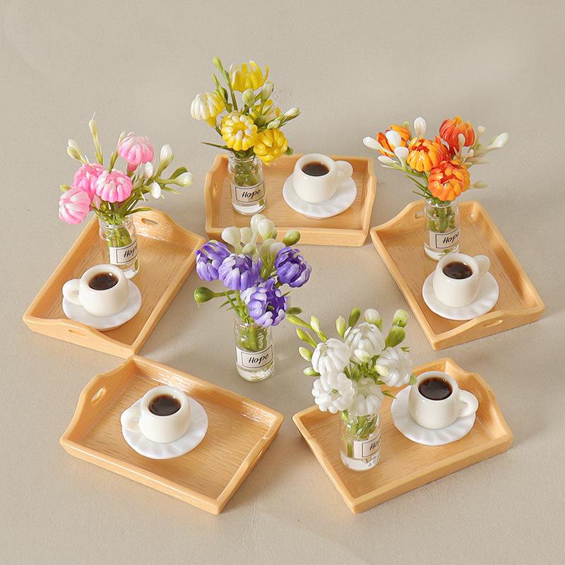 Miniature Dollhouse Coffee Cup Ornament Set - Handmade Tray & Vase Accessories
