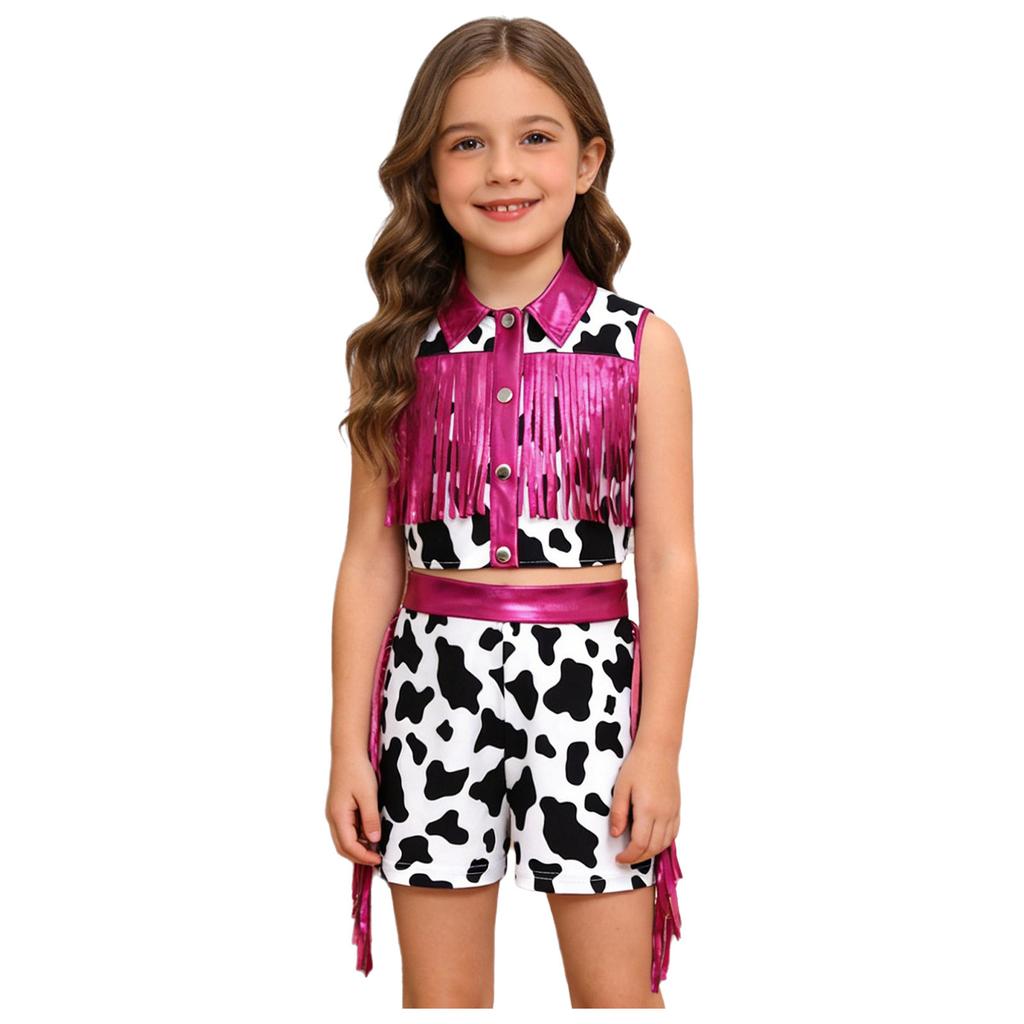 Mädchen Western Cowgirl Kostüm Metallisches Patchwork Ärmelloses Oberteil mit Fransen und Quasten-Shorts Outfit Set