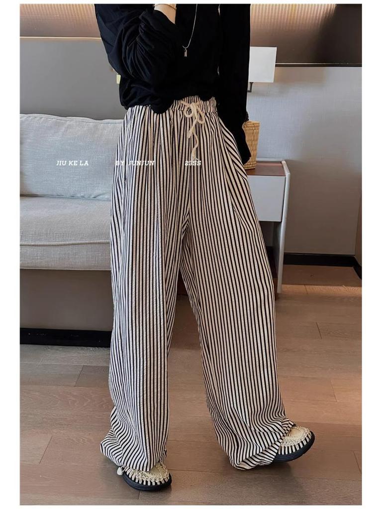 Women's Petite Retro Vertical Striped Wide-Leg Pants - Summer Casual Loose Fit