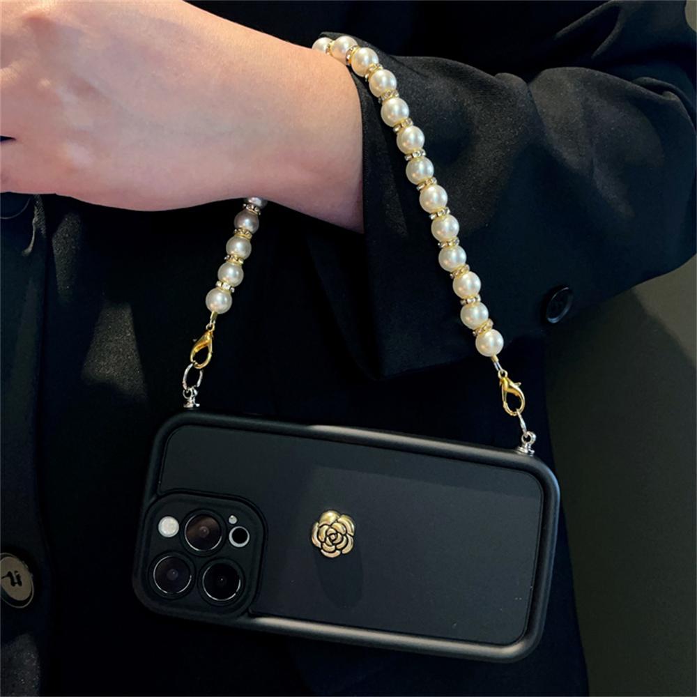 3D Camellia Pearl Chain Crossbody Lanyard Soft Case For iPhone 15 14 Pro Max 12 13 11 XS XR 7 8 Plus Shockproof Back Cover