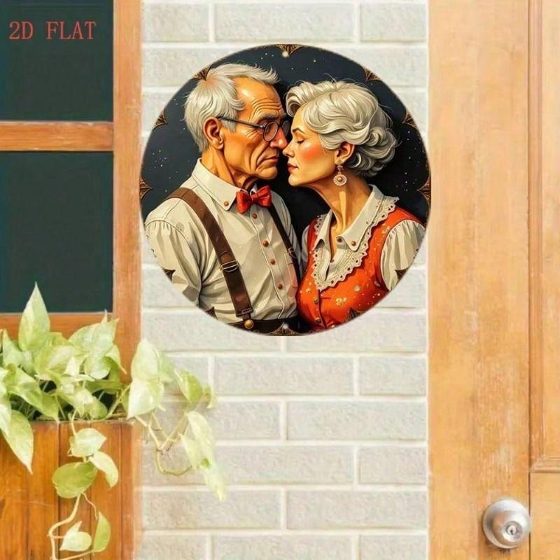 Metal Wall Art Vintage Elderly Couple Round Sign for Home Cafe