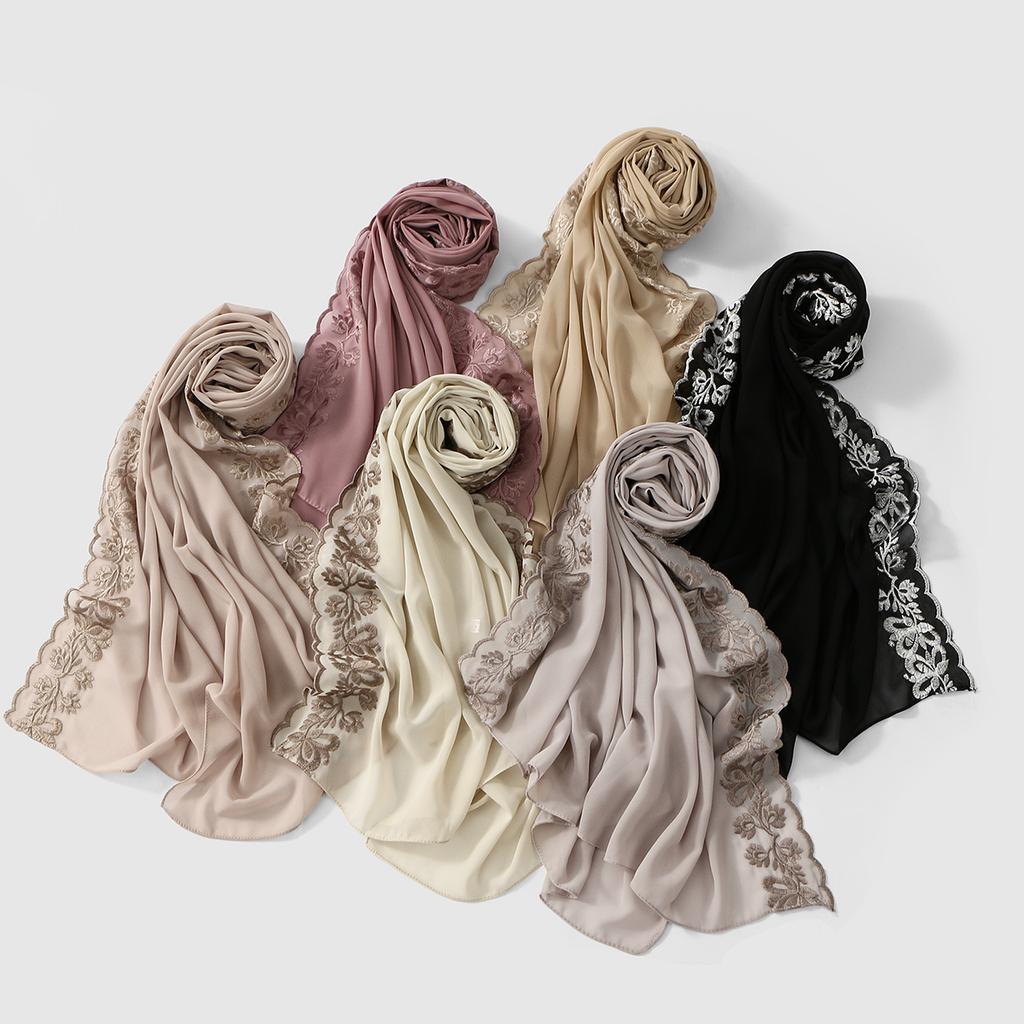 Butterfly Embroidery Hijab Scarf for Woman Muslim Long Shawl Islam Turban Headscarf