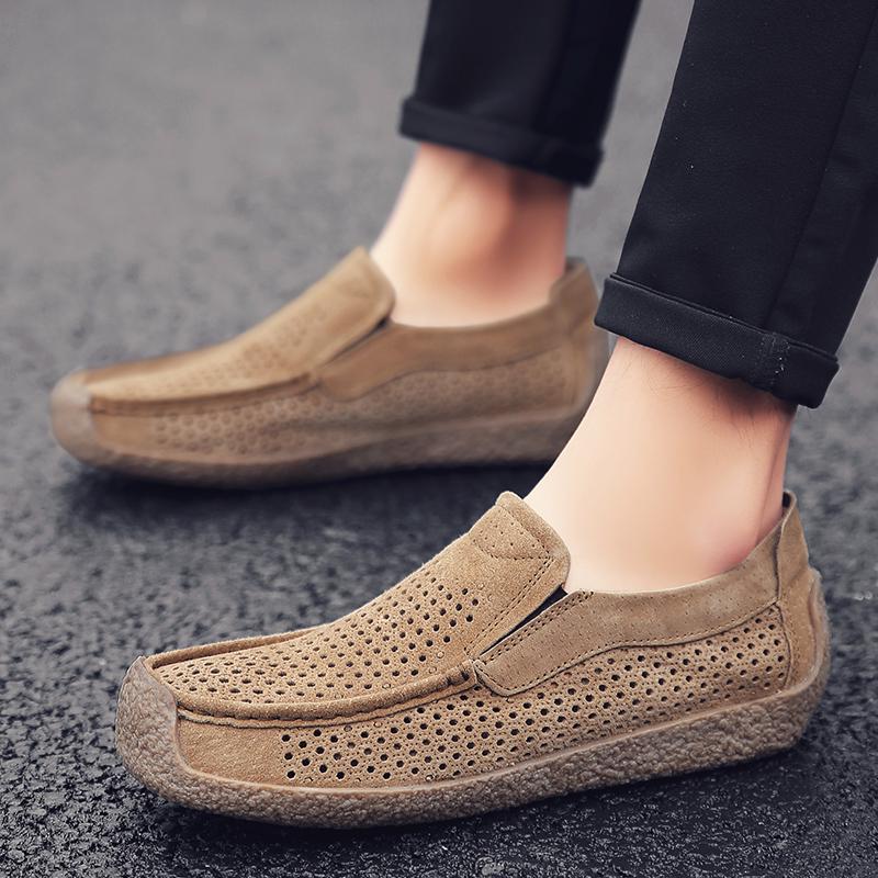 Fashion Summer Men Loafers Luxury Genuine Leather Mens Shoe Suede Male Casual Shoes Breathable Soft Driving Shoes Walking Shoes