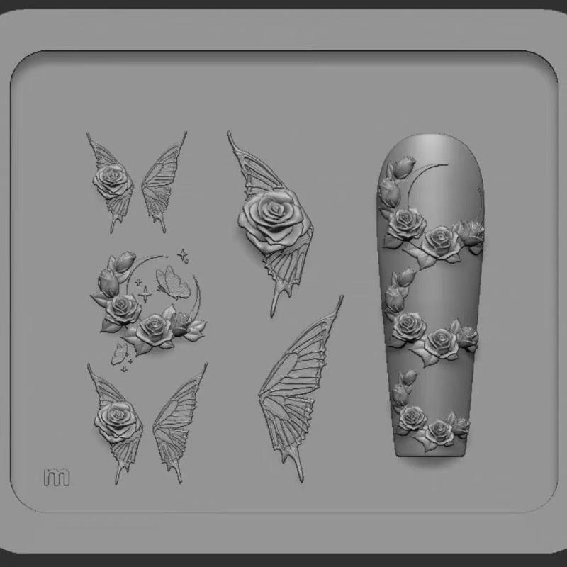 3D Rose Flower Butterfly Silicone Mold Nail Art Decorations Diy Cherry Design Nail Templates Jewelry Crafts Manicure Design Tool