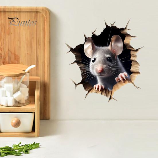 Wasserdichter PVC-Tieraufkleber Graue Maus Spähend Wandaufkleber, 3D-Loch-Effekt-Sticker, Abnehmbare Wandmalerei für Wohnzimmer Schlafzimmer Fenster Langlebig Außen
