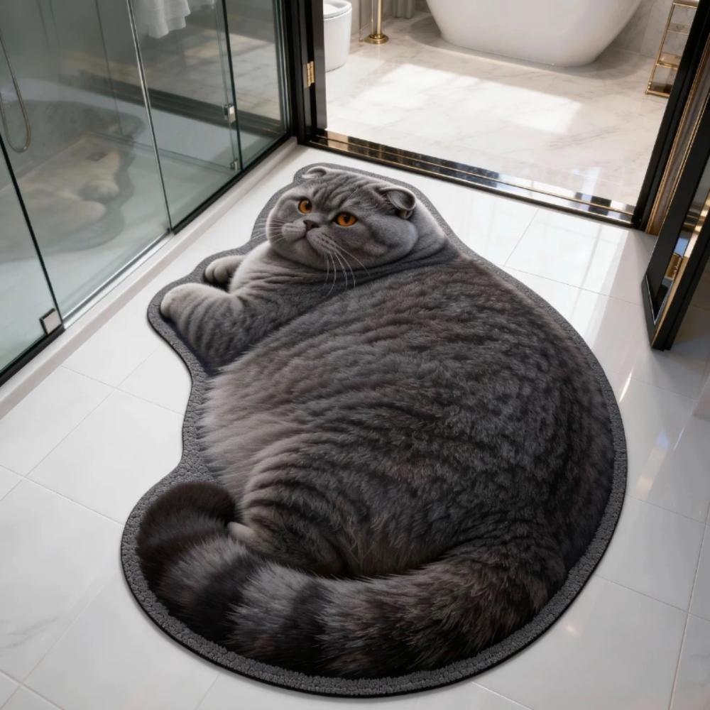 3D Fat Cat Shaped Bath Mat,Non‑Slip Absorbent Floor Rug,Cute Animal Decor Doormat for Bathroom Bedroom Home Decoration