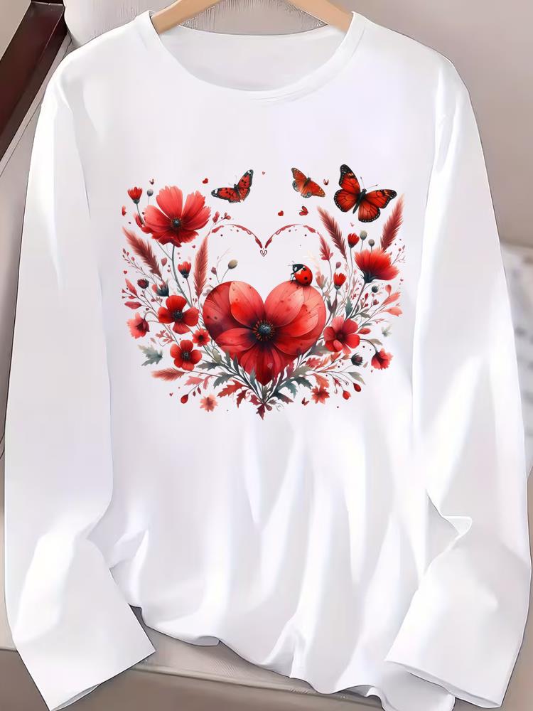 (Asian Size) flower trend cute Fashion Print T Shirt autumn winter spring Casual Tee Women Clothing Top o-neck Graphic Long Sleeve T-shirts