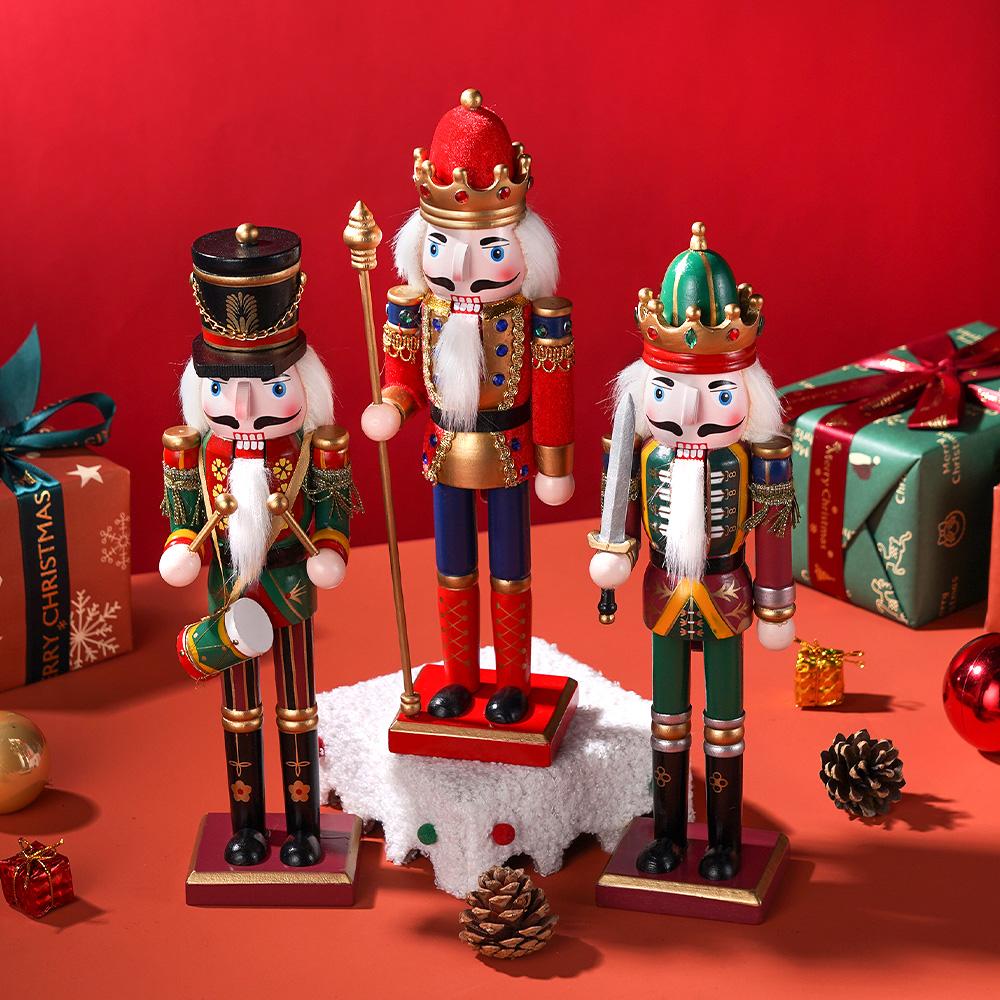 3pcs 30cm Unique Wooden Nutcracker King Drummer Soldier Handmade Christmas Decor Puppet Ornaments Holiday Decor Collectible Gift