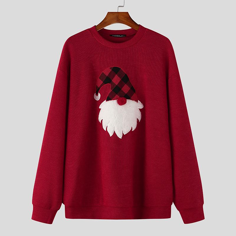 INCERUN Рождественские мужские пуловеры с принтом повседневные с длинным рукавом текстурные 5XL красный 2274₽