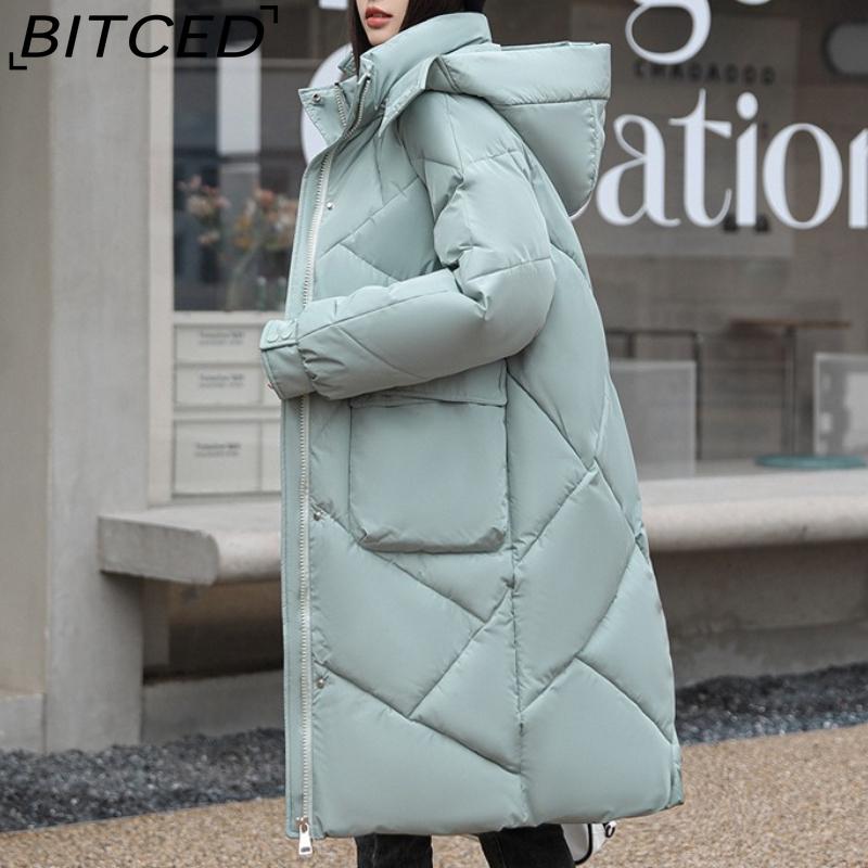 BITCED Thickened Puffer Jacket Down-Filled Cotton Coat Women's Loose-Fit Winter Coat Mid-Length Knee-Length Cotton Jacket