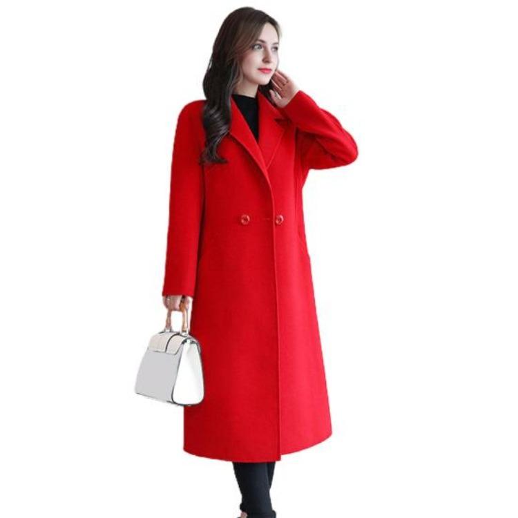 Winter Women Wool Peacoat Mid Long Thick Overcoat Notch Lapel Single Breasted Casual Trench Coat M красный