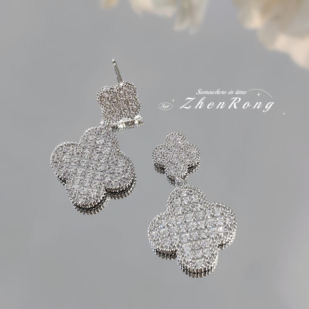 Luxury Four Leaf Clover Earrings with Full Diamonds Elegant Long Drop Earrings for Women Fashion Jewelry