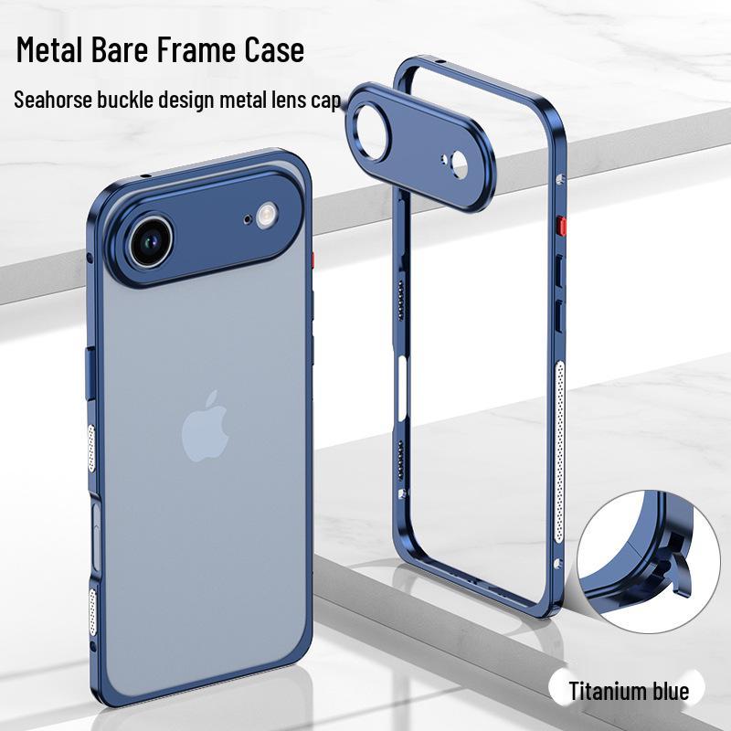 Capa de Metal Leve iPhone 17 Air com Lente e Fivela de Cavalo Marinho para 16 Pro - Moderna para Todos